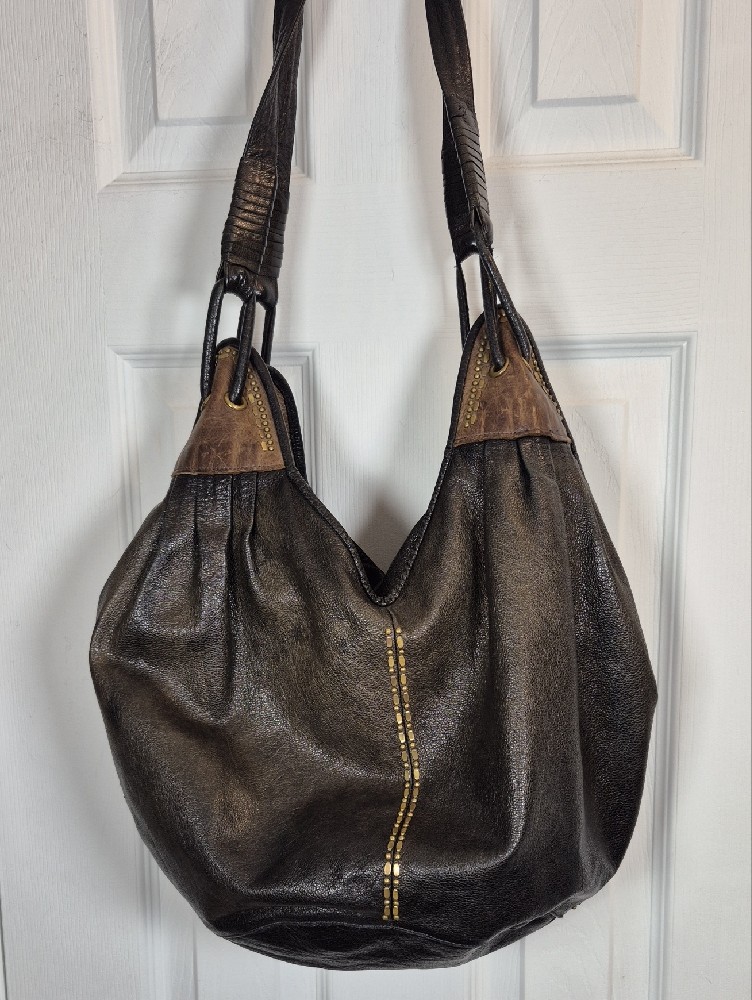 Calleen Cordero Studded Leather Hobo Bag Slouchy Boho Shoulder Purse Black Brown